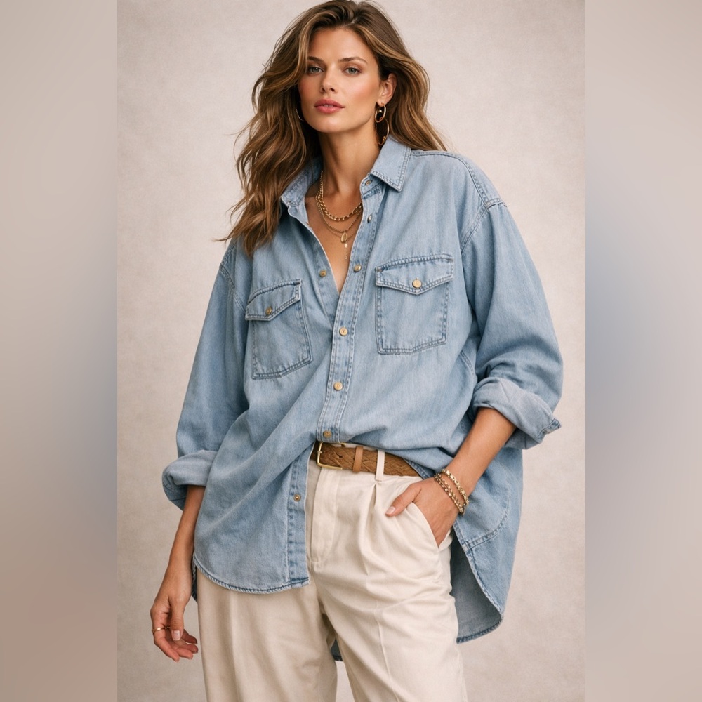 The Kooples oversized soft denim Button-Up Shirt bronze buttons